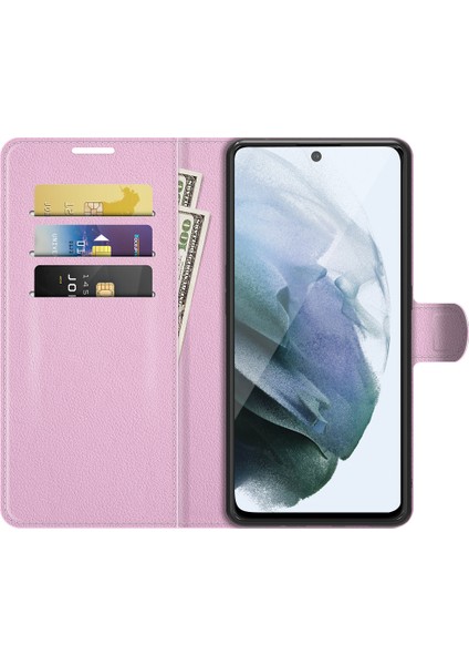 Cüzdan Tasarım Litchi Doku Deri Telefon Kılıfı Samsung Galaxy S21 Fe-Pink Stand ile Foli Flip Kapak (Yurt Dışından)