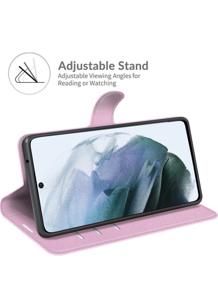 Cüzdan Tasarım Litchi Doku Deri Telefon Kılıfı Samsung Galaxy S21 Fe-Pink Stand ile Foli Flip Kapak (Yurt Dışından)