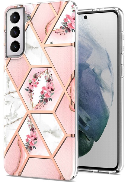 Yumuşak Tpu 2.0mm Imd Iml Elektrokaplama Telefon Kılıfı Kabuk Samsung Galaxy S21 Fe-Pink Mermer/çiçek Için Çiçek Mermer Desenli (Yurt Dışından)