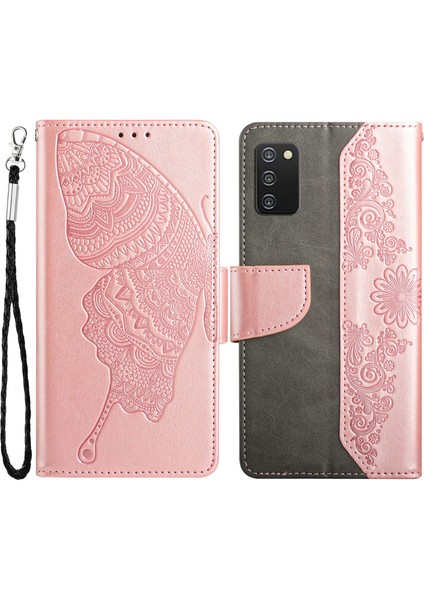 Samsung Galaxy A02S (166.5X75.9X9.2MM) Için Cüzdan Standı Telefon Kasası (166.5X75.9X9.2MM) Şok Geçirmez Pu Deri Örtü Telefon Koruyucu Butterfly Çiçeği Baskılı Altın (Yurt Dışından)