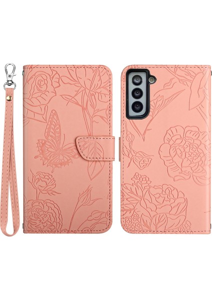 Samsung Galaxy S22+5G Kelebek Çiçeği Baskılı Cilt Touch Deri Kılıf Cüzdanı Stand Telefon Kabuğu El Strap-Pink (Yurt Dışından)