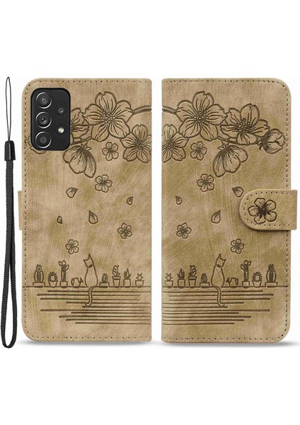 Samsung Galaxy A53 Için 5g Damla Geçirmez Cüzdan Kılıfı Kiraz Çiçeği Kedi Baskılı Pu Deri Stand Anti-Çizelge Anti-Çizelge Kapak Strap-Brown (Yurt Dışından)