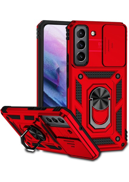 Samsung Galaxy S22+5G Slayt Kamera Koruyucusu Pc+Tpu Hibrid Kılıf Yüzüğü Kickstand Telefon Kapak-Kırmızı (Yurt Dışından)