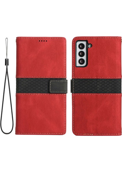 Samsung Galaxy S21 Fe 5g Için Izgara Ekleme Tasarım Deri Stand Kılıfı, Cüzdan Tarzı Foli Flip Telefon Kapağı Strap-Red ile (Yurt Dışından)