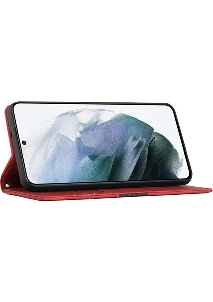 Samsung Galaxy S21 Fe 5g Için Izgara Ekleme Tasarım Deri Stand Kılıfı, Cüzdan Tarzı Foli Flip Telefon Kapağı Strap-Red ile (Yurt Dışından)
