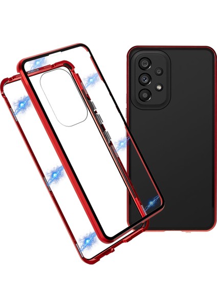 Samsung Galaxy A53 Için 5g Çift Taraflı Temperli Cam+Metal Çerçeve Telefon Kılıfı Tam Kapsam Manyetik Emilim Kapak-Kırmızı (Yurt Dışından)