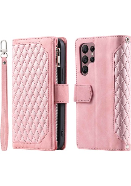 005 Samsung Galaxy S22 Ultra 5g Rhombus Doku Pu Deri Deri Cüzdan Stand Kapağı Fermuar Cep Tasarım Anti Damla Kılıfı (Yurt Dışından)
