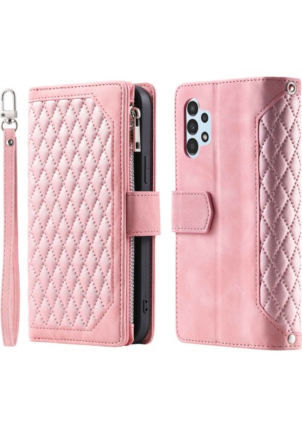005 Samsung Galaxy A32 4g (Ab Versiyonu) Rhombus Doku Pu Deri Deri Şok Geçirmez Kapak Fermuarı Cep Stand Cüzdan Kılıfı Strap-Rose Altın (Yurt Dışından)