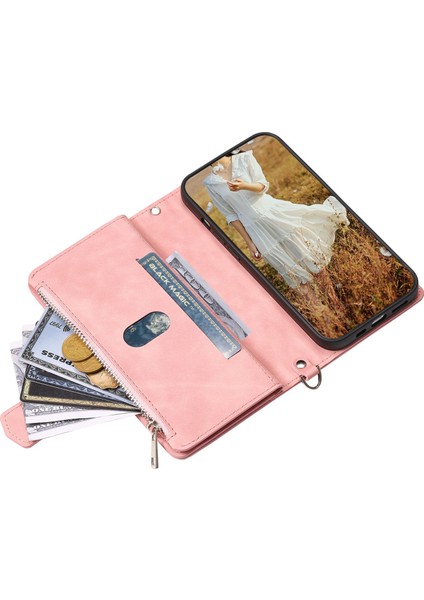 005 Samsung Galaxy Için Stil S21 Fe 5g, Anti-Çizelge Zipper Cep Telefonu Kapak Rhombus Doku Pu Deri Deri Anti-Fall Cüzdan Kılıf Stand Saplama Kartı Tutucu-Pink (Yurt Dışından)