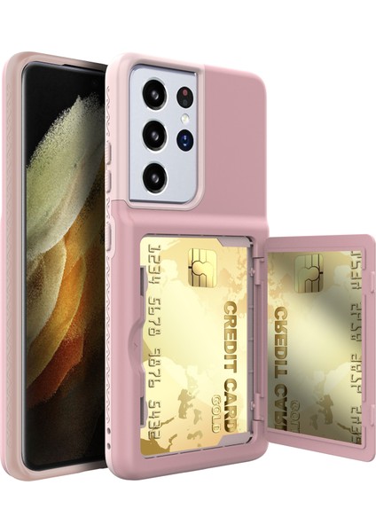 Samsung Galaxy S21 Ultra 5g-Pink Için Kart Tutucu ve Gizli Ayna ile Sert Pc+Tpu Koruyucu Kapak (Yurt Dışından)