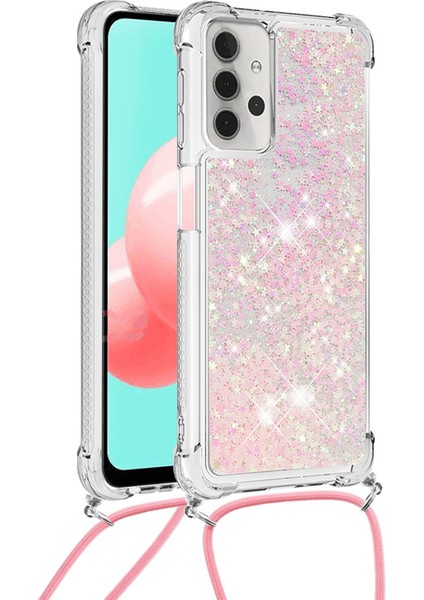 Glitter Pulins Quicksand Tasarım Tpu Telefon Kabuk Kılıfı Samsung Galaxy A32 5G/M32 5g-Pınk Için Ayarlanabilir Omuz Kayışı (Yurt Dışından)