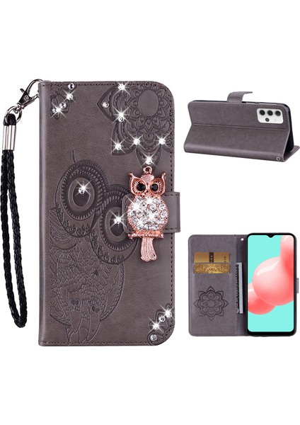 Baykuş Izi Rinestone Dekor Cüzdan Deri Kılıfı Samsung Galaxy A32 5G/M32 5g Stand Kabuk-Grey (Yurt Dışından)