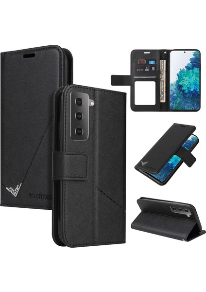 Gq.utrobe Cüzdan Stand Tasarım Deri Kapak Samsung Galaxy S21 Için Metal Dikdörtgen Dekor Plus 5g-Black (Yurt Dışından)