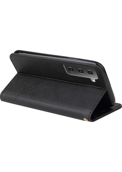 Gq.utrobe Cüzdan Stand Tasarım Deri Kapak Samsung Galaxy S21 Için Metal Dikdörtgen Dekor Plus 5g-Black (Yurt Dışından)