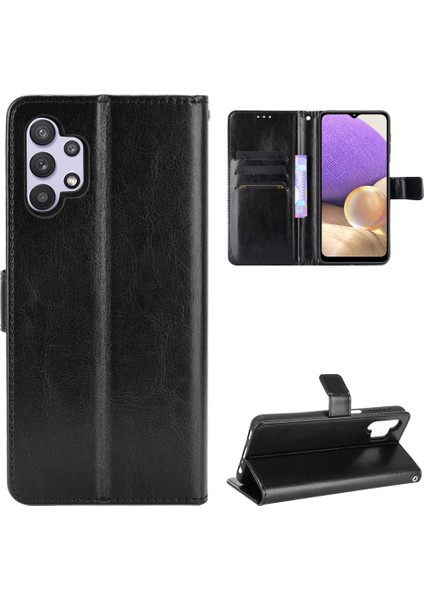 Çılgın At Deri Deri Telefon Cüzdan Stand Kapak Kabuğu Samsung Galaxy A32 5G/M32 5g-Black (Yurt Dışından)