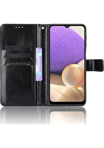 Çılgın At Deri Deri Telefon Cüzdan Stand Kapak Kabuğu Samsung Galaxy A32 5G/M32 5g-Black (Yurt Dışından)