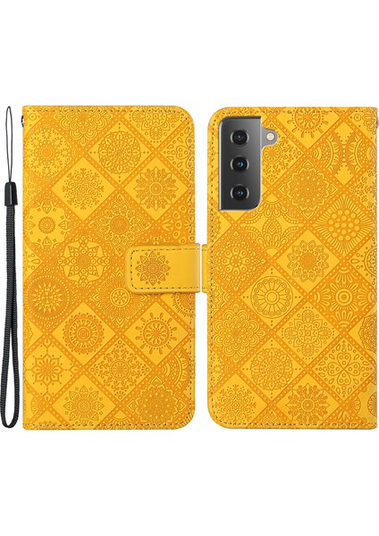 Samsung Galaxy S21 Fe-Sarı Için Kayış ile Baskılı Çiçek Mıknatıs Telek Cüzdan Deri Koruyucu Kılıf (Yurt Dışından)