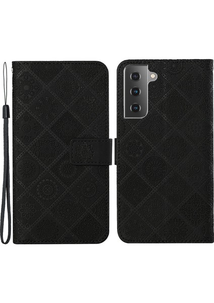 Samsung Galaxy S21 Fe-Black Için Kayış ile Baskılı Çiçek Mıknatıs Toka Deri Koruyucu Kılıf (Yurt Dışından)