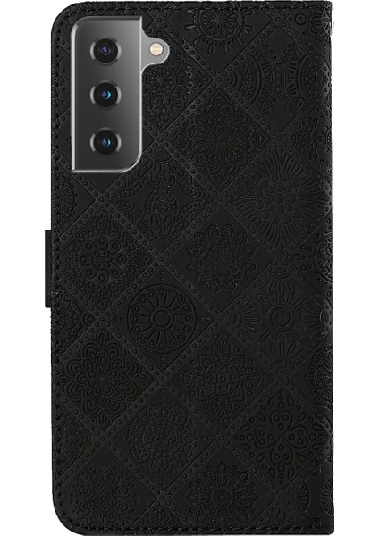 Samsung Galaxy S21 Fe-Black Için Kayış ile Baskılı Çiçek Mıknatıs Toka Deri Koruyucu Kılıf (Yurt Dışından)