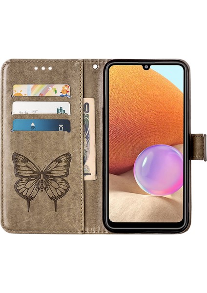 Samsung Galaxy A32 4g (Ab Versiyonu) Için Kelebek Deri Cüzdan Stand Kılıfı Koruyucu Kabuk -Grey (Yurt Dışından)