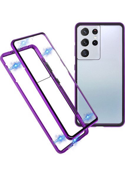 Samsung Galaxy S21 Ultra 5g-Mor Için Çift Taraflı Temperli Cam Telefon Kasası ile Manyetik Kilit Montaj Metal Çerçeve (Yurt Dışından)