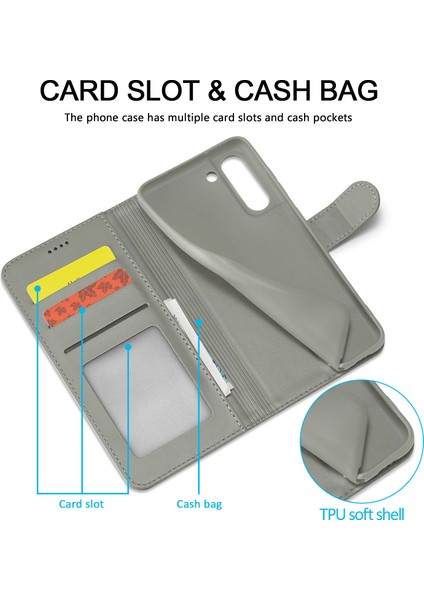 Samsung Galaxy S21 Fe-Grey Için Cüzdan Tasarım Deri Kabuk Telefon Stand Kapağı Kılıfı (Yurt Dışından)