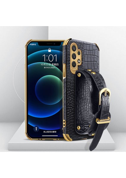 Bilek Kayış Tasarımı 6d Elektrokürlü Timsah Doku Pu Deri Kaplamalı Tpu Telefon Geri Kılıf Samsung Galaxy A32 5G/M32 5g-Black (Yurt Dışından)