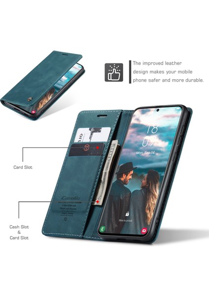 Samsung Galaxy S21 Fe-Mavi Için Basit Cüzdan Tasarımı Otomatik Emme Deri Çantası (Yurt Dışından)
