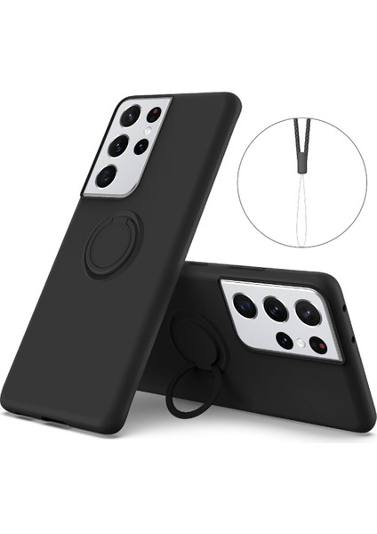 Yüzük Kickstand Tasarım Yumuşak Sıvı Silikon Telefon Koruyucu Kabuk Samsung Galaxy S21 Ultra 5g-Black Için Kayış (Yurt Dışından)