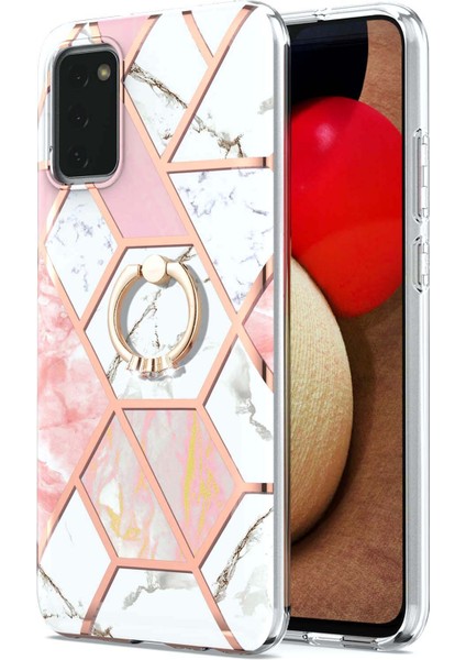 Mermer Desen 2.0mm Imd Iml Elektrokaplama Tpu Telefon Kasa Parmak Yüzük Kickstand Shell Kapak Samsung Galaxy A02S (166.5X75.9X9.2MM) -Pink/beyaz (Yurt Dışından)