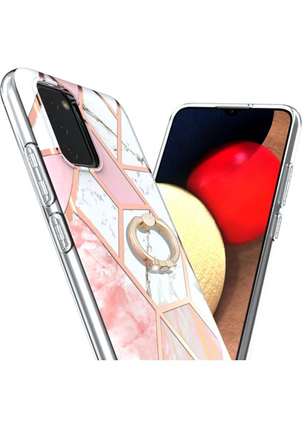 Mermer Desen 2.0mm Imd Iml Elektrokaplama Tpu Telefon Kasa Parmak Yüzük Kickstand Shell Kapak Samsung Galaxy A02S (166.5X75.9X9.2MM) -Pink/beyaz (Yurt Dışından)