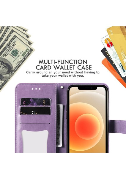 Samsung Galaxy S21 Fe-Purple Için Pu Deri Izin Çiçekler Desen Cüzdan Telefon Kılıfı (Yurt Dışından)