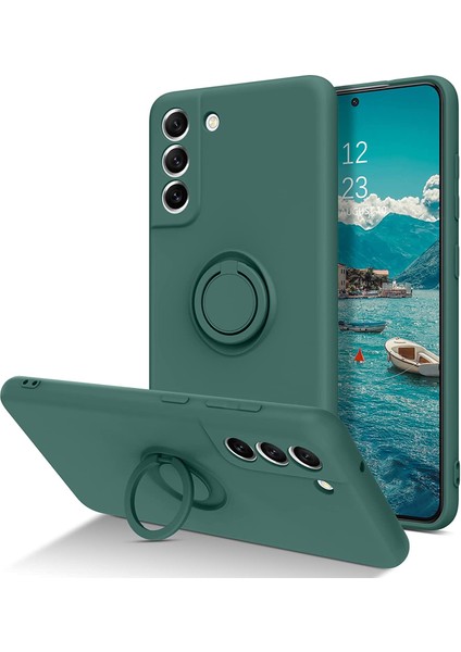 Samsung Galaxy S21 Fe 5g Dahili Metal Sac Parmak Yüzük Kickstand Tasarım Sıvı Silikon Telefon Kılıfı Koruyucu-Black Green (Yurt Dışından)