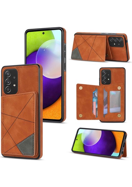 Seashell Digital Samsung Galaxy A52 4G/5G/A52S Için 5g Hat Çizgi Ekleme Iyi Korumalı Kart Cep Kickstand Fonksiyonu Pu Deri Telefon Kapağı Case-Brown (Yurt Dışından)