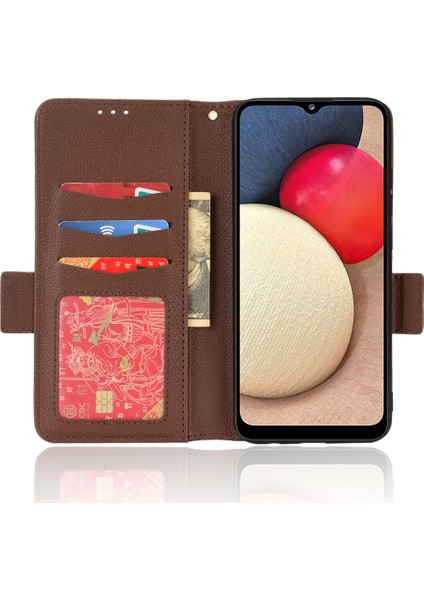 Samsung Galaxy A02S/A03S (164.2 x 75.9 x 9.1mm) Litchi Doku Pu Deri Kılıf Manyetik Toka Stand Cüzdan Tpu Tampon Folio Koruyucu Kapak Kahverengi (Yurt Dışından)
