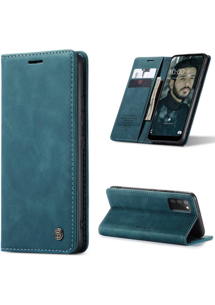 Samsung Galaxy A02S (166.5X75.9X9.2MM) Pu Deri Cüzdan Kasası Gizli Manyetik Emilim Standı Özellik Flip Kapak-Mavi (Yurt Dışından)