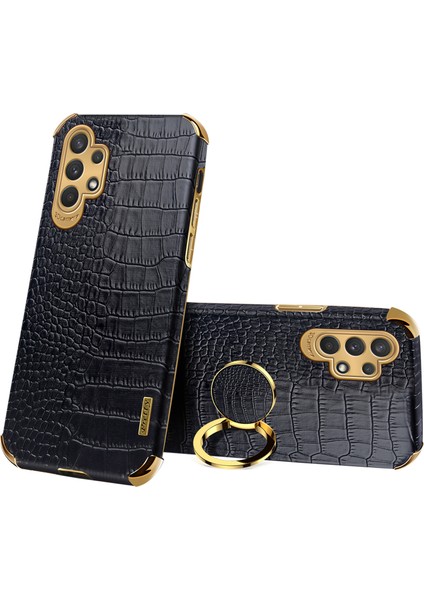 Samsung Galaxy A32 5G/M32 5g Timsah Doku Pu Deri Kaplamalı Tpu Kasası 6d Elektrküze Kickstand Cover-Black (Yurt Dışından)