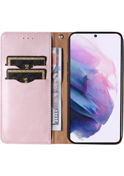 Samsung Galaxy S21 Fe 5g Baskılı Desen Güçlü Manyetik Kapanma Telefon Kılıfı Şok Geçirmez Flip Pu Deri Cüzdan Stand Kapağı El Strap-Rose Altın (Yurt Dışından)
