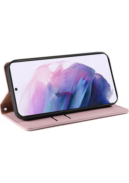 Samsung Galaxy S21 Fe 5g Baskılı Desen Güçlü Manyetik Kapanma Telefon Kılıfı Şok Geçirmez Flip Pu Deri Cüzdan Stand Kapağı El Strap-Rose Altın (Yurt Dışından)