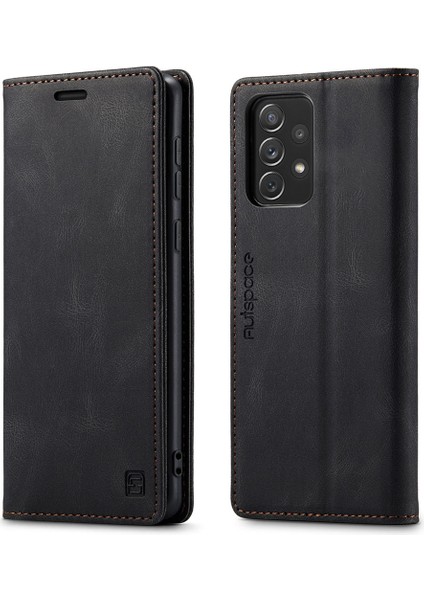 Samsung Galaxy A72 4g/5g Damla Kanıtı Retro Mat Deri Deri Cüzdan Flip Stand Kapağı Rfıd Blowantıce Manyetik Kapatma Kabuk Black (Yurt Dışından)