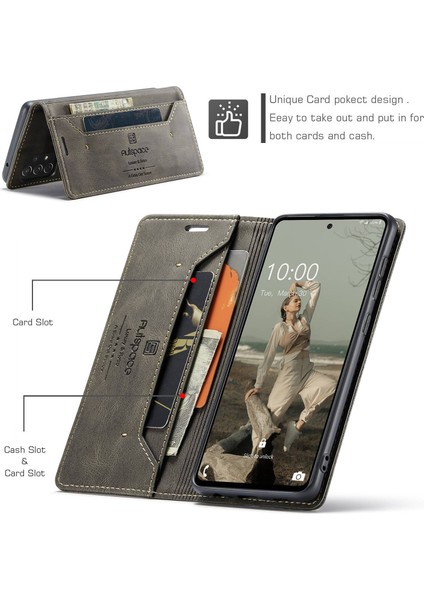 Samsung Galaxy A72 4g/5g Damla Kanıtı Retro Mat Pu Deri Cüzdan Flip Stand Kapağı Rfıd Engelleme Manyetik Kapatma Kabuk-Grey (Yurt Dışından)