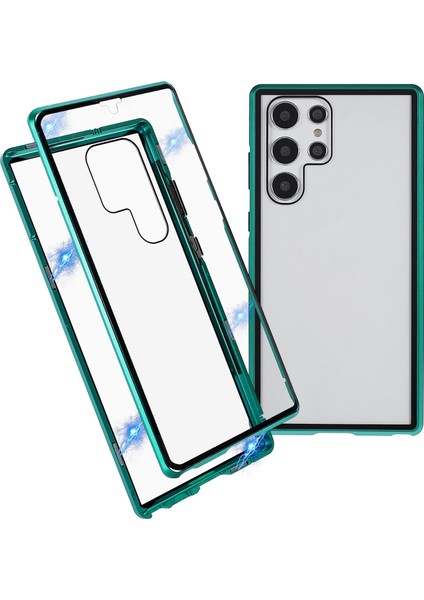 Samsung Galaxy S22 Ultra 5g 360 Derece Iyi Korunmuş Metal Tampon+Çift Taraflı Temperli Cam Anti-Çizelge Manyetik Telefon Kapak Yeşili (Yurt Dışından)
