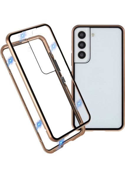 Samsung Galaxy S22+5G 360 Derece Her Şey Dahil Koruma Metal Tamponu+Çift Taraflı Temperli Cam Şok Geçirmez Telefon Kapağı Manyetik Kapatma-Altın (Yurt Dışından)