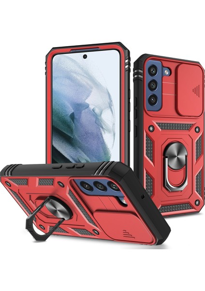 Samsung Galaxy S22 Için 5g Case Ring Ring Kickstand Anti-Sracratch Sabit Pc+Tpu Tampon Şok Geçirmez Koruyucu Kapak, Kayar Kamera Lens Koruyucu-Kırmızı/siyah (Yurt Dışından)
