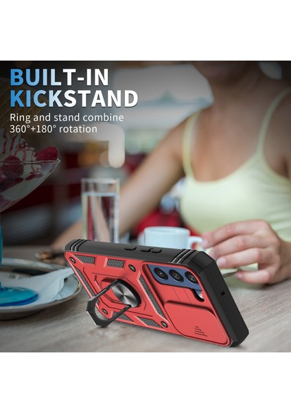 Samsung Galaxy S22 Için 5g Case Ring Ring Kickstand Anti-Sracratch Sabit Pc+Tpu Tampon Şok Geçirmez Koruyucu Kapak, Kayar Kamera Lens Koruyucu-Kırmızı/siyah (Yurt Dışından)