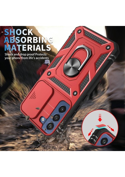 Samsung Galaxy S22 Için 5g Case Ring Ring Kickstand Anti-Sracratch Sabit Pc+Tpu Tampon Şok Geçirmez Koruyucu Kapak, Kayar Kamera Lens Koruyucu-Kırmızı/siyah (Yurt Dışından)