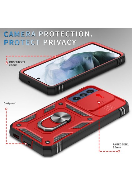 Samsung Galaxy S22 Için 5g Case Ring Ring Kickstand Anti-Sracratch Sabit Pc+Tpu Tampon Şok Geçirmez Koruyucu Kapak, Kayar Kamera Lens Koruyucu-Kırmızı/siyah (Yurt Dışından)
