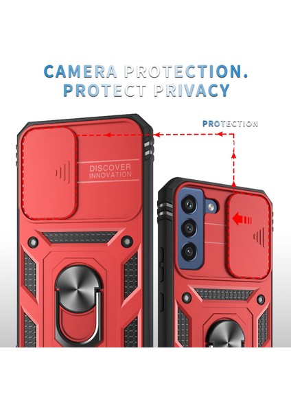 Samsung Galaxy S22 Için 5g Case Ring Ring Kickstand Anti-Sracratch Sabit Pc+Tpu Tampon Şok Geçirmez Koruyucu Kapak, Kayar Kamera Lens Koruyucu-Kırmızı/siyah (Yurt Dışından)