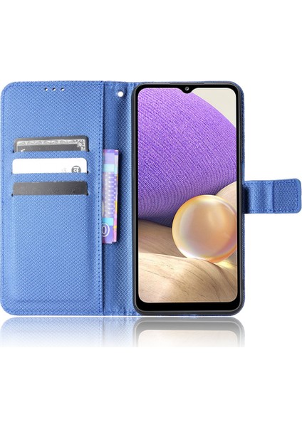 Samsung Galaxy A32 5G/M32 5g Için Elmas Doku Kılıfı, Pu Deri Cüzdan Stili Şok Geçirmez Flip Telefon Stand Kapağı Kullanışlı Kayış Mavisi (Yurt Dışından)