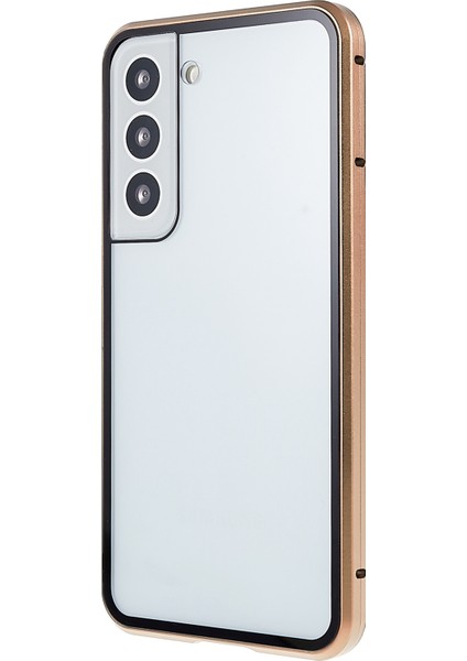 Samsung Galaxy S22+5G 360 Derece Her Şey Dahil Koruma Metal Tamponu+Çift Taraflı Temperli Cam Şok Geçirmez Telefon Kapağı Manyetik Kapatma-Altın (Yurt Dışından)